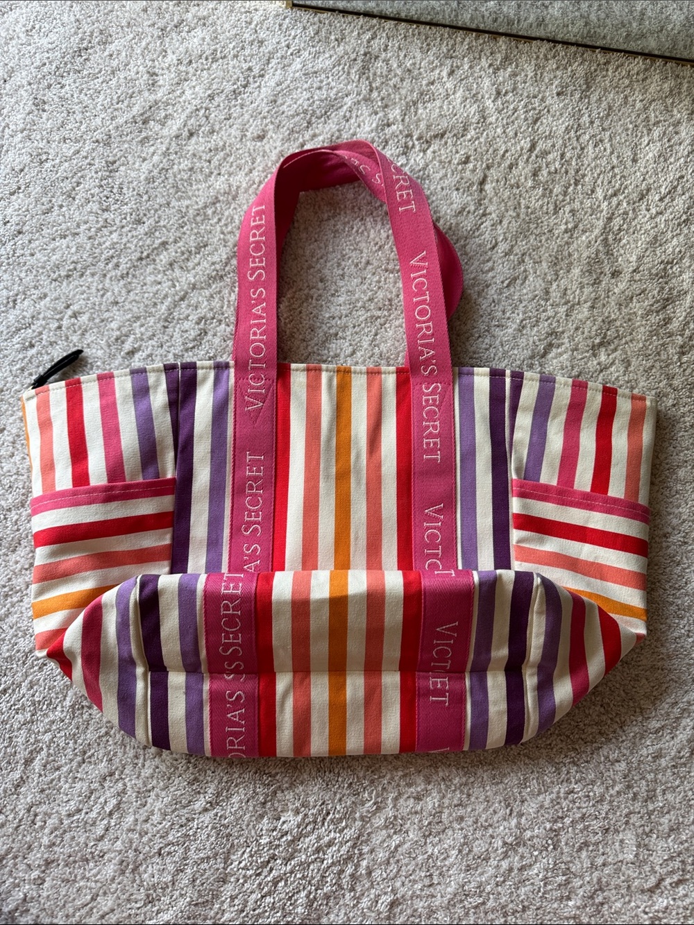 Victoria's Secret Pink, Purple, Orange & Cream Striped Canvas Tote